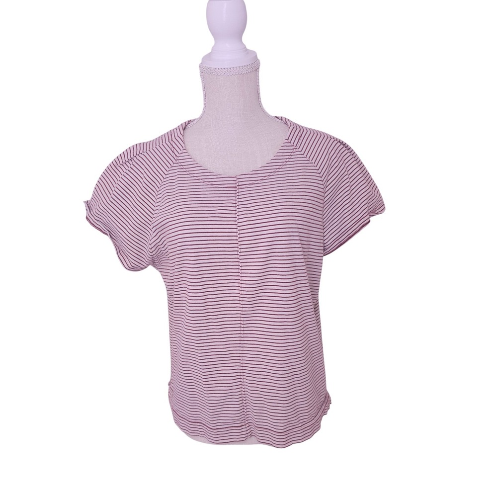 Free Assembly Womens Short Sleeve White Maroon Striped Top Raglan Seam Cotton L